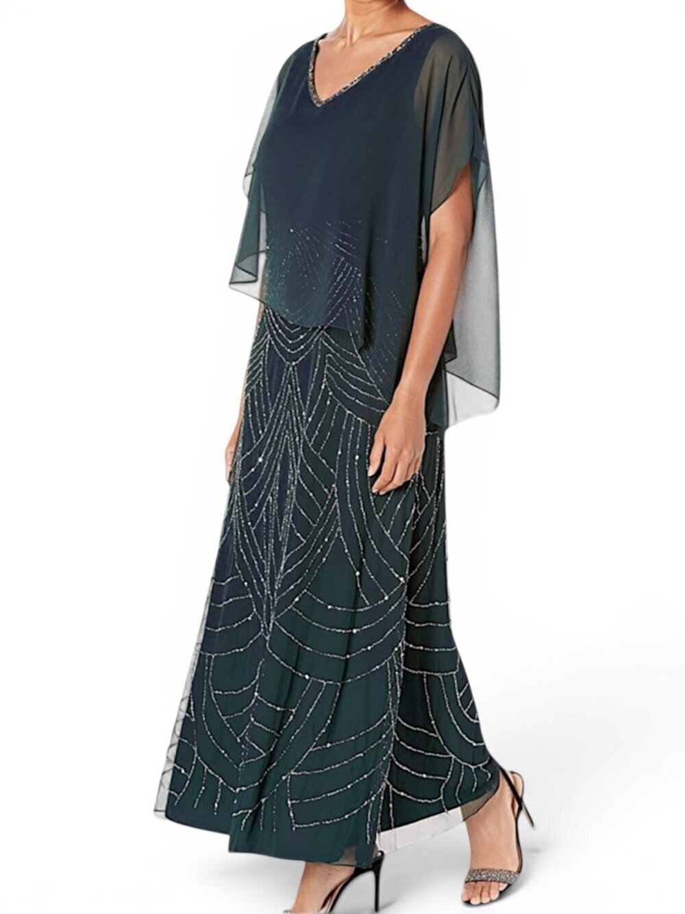 JKara J Kara Grey Multi Caplet V-Neck Mock 2 Piece Beaded Gown Dress NWT New 14